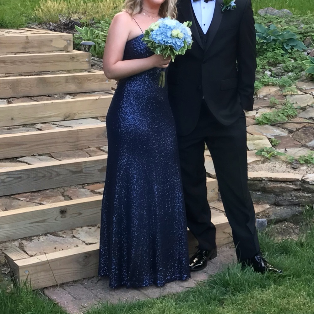 Dark blue sequins prom dress